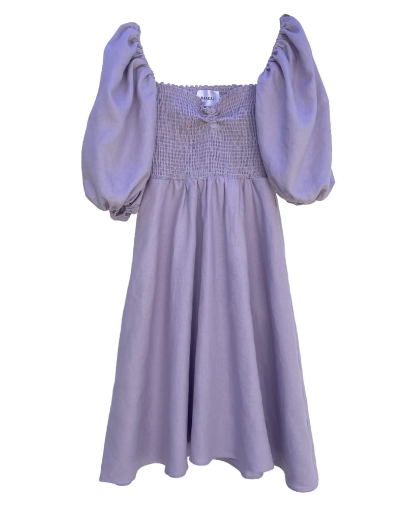 Front of a size 3 The Colette Linen On or Off the Shoulder Dress in Lilac in Lilac by BAACAL. | dia_product_style_image_id:296134